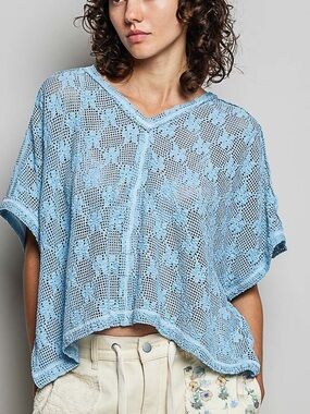 🩵Hello Gorgeous! POL CROCHET LACE Short Sleeve Top- Cornflower Blue